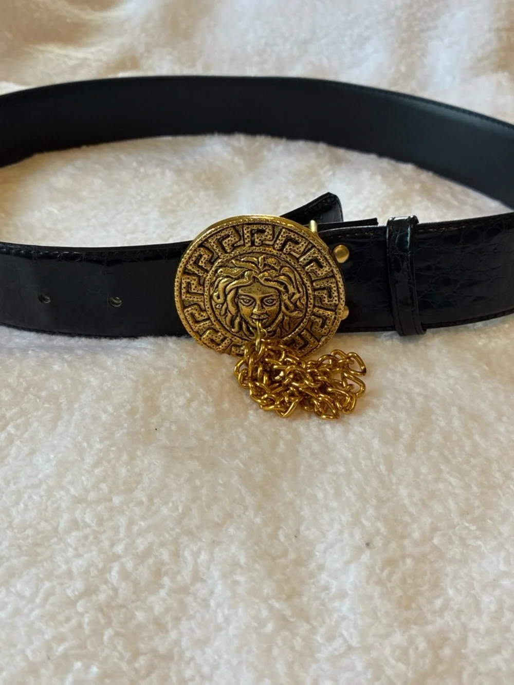 Black Leather Belt with Gold Medallion and Chain Accent